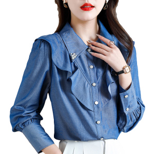 RM6789#蓝色荷叶边长袖衬衫女2023春装新款减龄小衫泡泡袖上衣潮