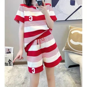 RY1749#胖MM特大码条纹休闲运动套装女夏季薄款宽松短袖短裤两件套