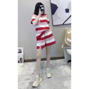 RY1749#胖MM特大码条纹休闲运动套装女夏季薄款宽松短袖短裤两件套