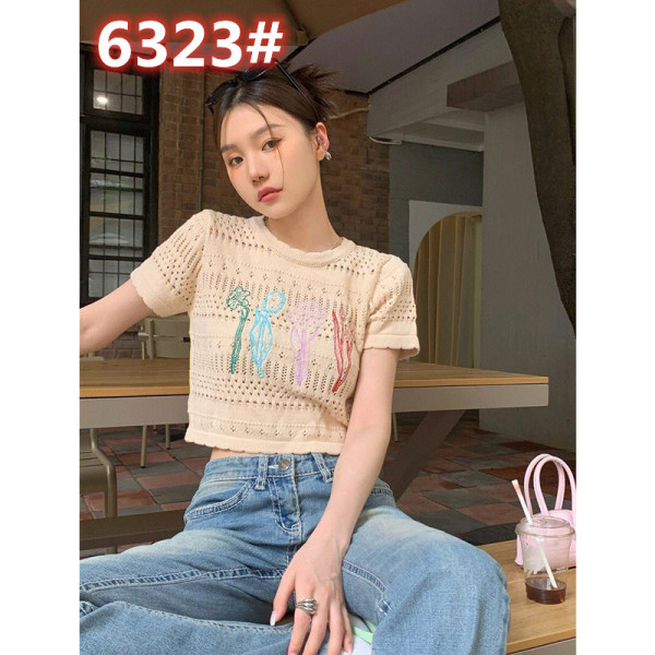 RM3437#纯欲风花朵刺绣镂空露脐针织衫女夏季新款设计感小众短袖t恤上衣