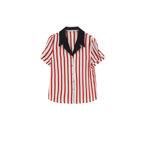 RM5303#夏季新款雪纺印花短袖条纹衬衫