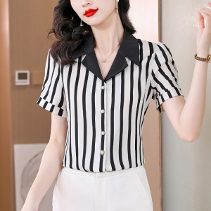 RM5303#夏季新款雪纺印花短袖条纹衬衫