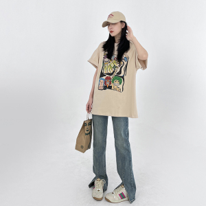 TR22387# 欧洲站夏季新款设计感潮流时髦涂鸦图案短袖T恤女圆领宽松型 服装批发女装服饰货源