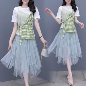 TR19584# 韩版宽松短袖t恤+超仙网纱半身裙时尚两件套潮 服装批发女装服饰货源