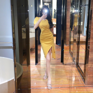 RM4029#黄色设计感不规则修身连衣裙女2023夏季新款泡泡袖小众裙