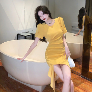 TR15099# 黄色设计感不规则修身连衣裙女夏季新款泡泡袖小众裙 服装批发女装服饰货源