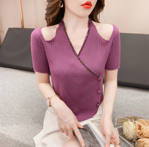 TR23879# 夏装新款韩版时髦性感重工钉钻露肩针织衫女T恤潮 服装批发女装服饰货源