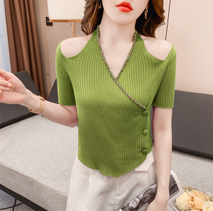 TR23879# 夏装新款韩版时髦性感重工钉钻露肩针织衫女T恤潮 服装批发女装服饰货源