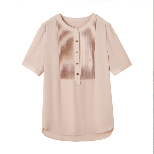 TR16412# 德玛纳粉色短袖雪纺衬衫女夏季新款纯色褶皱简约气质薄款上衣 服装批发女装服饰货源