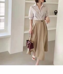 RM3460#法式小众衬衫裙女夏装 新款韩版收腰显瘦条纹拼接a字连衣裙