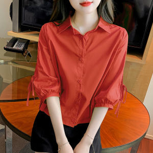 TR16719# 早春新款小个子衬衫上衣红色系带衬衣设计感小众 服装批发女装直播货源