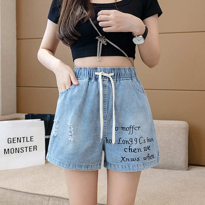 實拍胖mm短褲夏季加肥加大碼寬松顯瘦刺繡破洞牛仔短褲女200斤