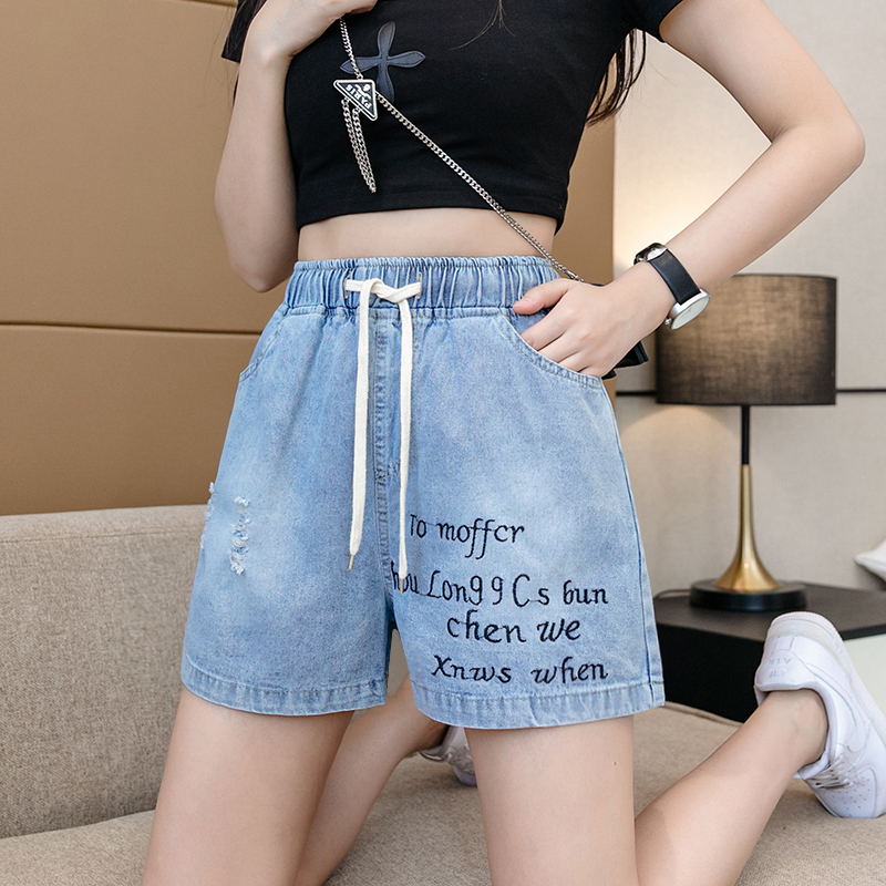 實拍胖mm短褲夏季加肥加大碼寬松顯瘦刺繡破洞牛仔短褲女200斤