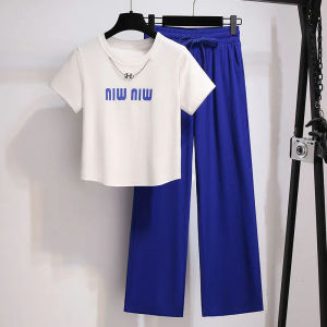 RM5885#套装女纯棉短袖T恤阔腿裤子夏季2023年新款休闲运动洋气两件套潮