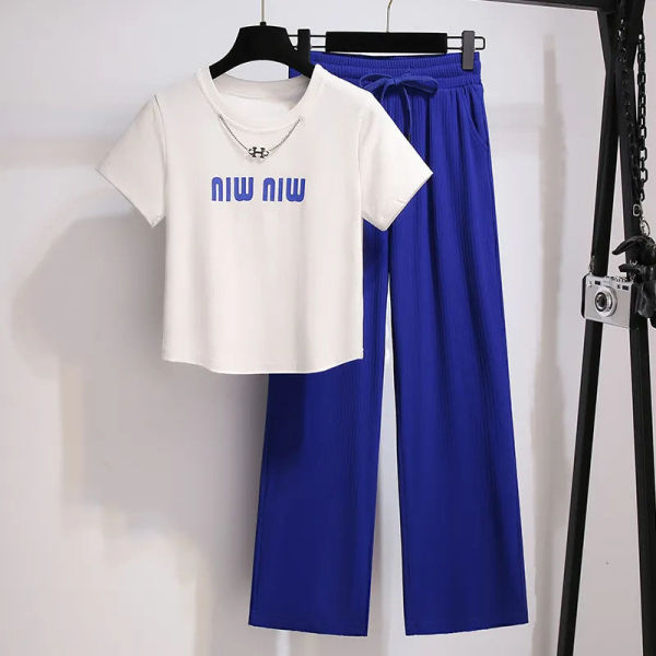 RM5885#套装女纯棉短袖T恤阔腿裤子夏季2023年新款休闲运动洋气两件...