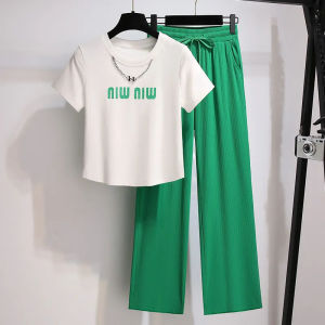 RM5885#套装女纯棉短袖T恤阔腿裤子夏季2023年新款休闲运动洋气两件套潮