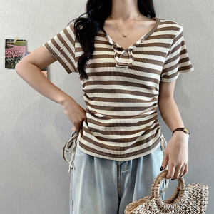 RM3800#夏季新款设计感撞色条纹抽绳修身显瘦短袖T恤上衣女潮