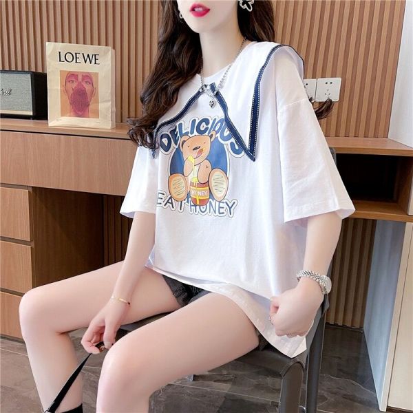 RM3191#夏季韩版新款大码中长款爆款海军领印花短袖t恤女