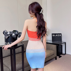 Real time New Colorful Stripe Knitted Dress Women's Summer Tight Sexy Pure Desire Reveal Backpack Hip Skirt