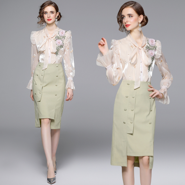 RM5273#法式轻奢重工立体绣花系带领衬衣绿色包臀半身裙套装女