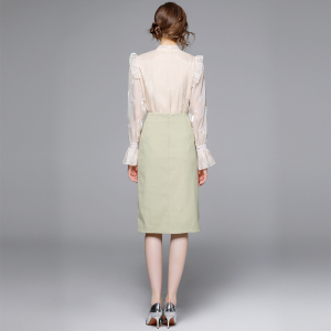 RM5273#法式轻奢重工立体绣花系带领衬衣绿色包臀半身裙套装女