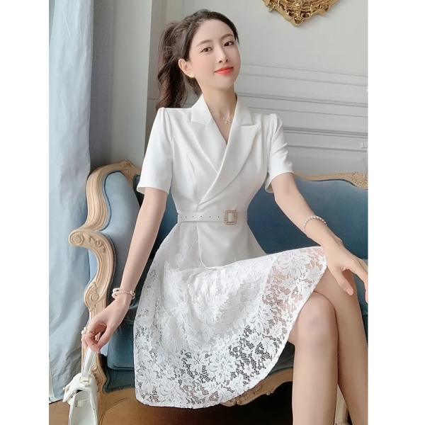 RM3726#御姐白色西装裙女夏季蕾丝拼接裙子收腰轻奢高级设计感连衣裙