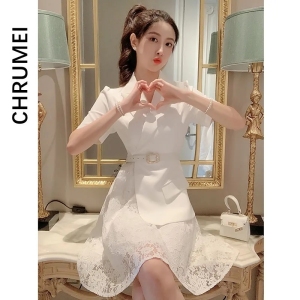 RM3726#御姐白色西装裙女夏季蕾丝拼接裙子收腰轻奢高级设计感连衣裙