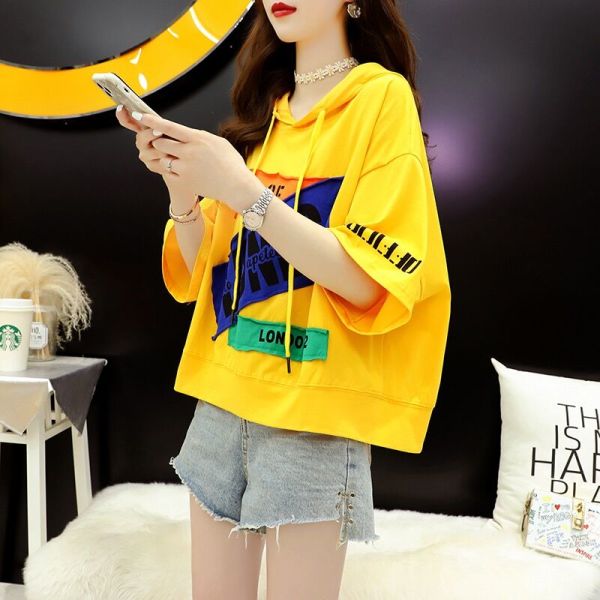 RM3192#夏装韩版宽松连帽短款贴布大码女装短款短袖T恤女
