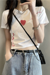 RM3568#纯棉短袖T恤女bm潮牌设计感韩版打底衫印花露脐短款t上衣
