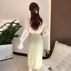 RM3928#法式轻奢重工立体绣花系带领衬衣绿色包臀半身裙套装女