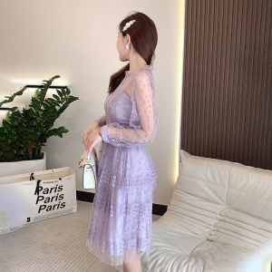 RM3930#新款紫色蕾丝拼接网纱绣花长袖圆领设计感连衣裙
