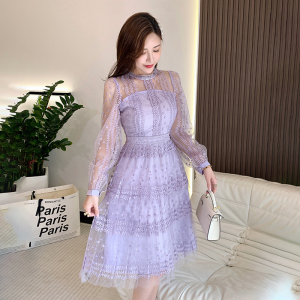 RM3930#新款紫色蕾丝拼接网纱绣花长袖圆领设计感连衣裙