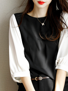 RM3533#新款时尚宽松撞色拼接七分蝙蝠袖雪纺上衣女士衬衫