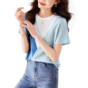 RM16528# 简约短袖T恤女夏季新款时尚百搭拼接撞色显瘦遮肉圆领上衣