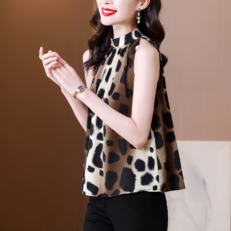 無袖襯衫上衣女夏掛脖豹紋吊帶背心設計感小眾高檔緞面小衫中長款