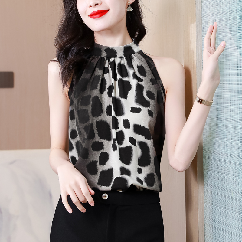 無袖襯衫上衣女夏掛脖豹紋吊帶背心設計感小眾高檔緞面小衫中長款