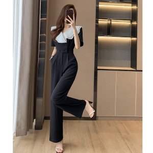 RM9559#夏季新款高级感西装连体裤女夏薄款小个子雪纺黑色阔腿裤套装