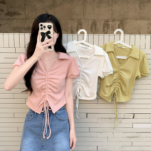 RM3357#华夫格棉T恤女短袖2023年新款短款上衣夏polo领衫