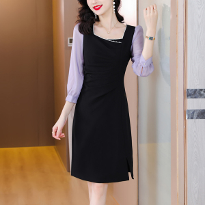RM3687#新款连衣裙时尚方领钉珠OL修身显瘦气质拼接开叉裙子