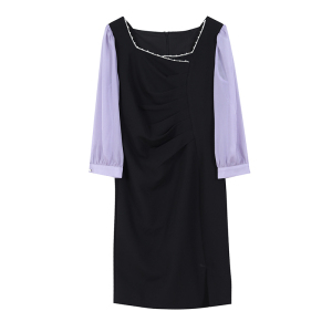 RM3687#新款连衣裙时尚方领钉珠OL修身显瘦气质拼接开叉裙子