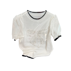 RM3362#高级感重工钉珠蝴蝶结针织衫薄款短袖小衫夏气质名媛甜美白色上衣