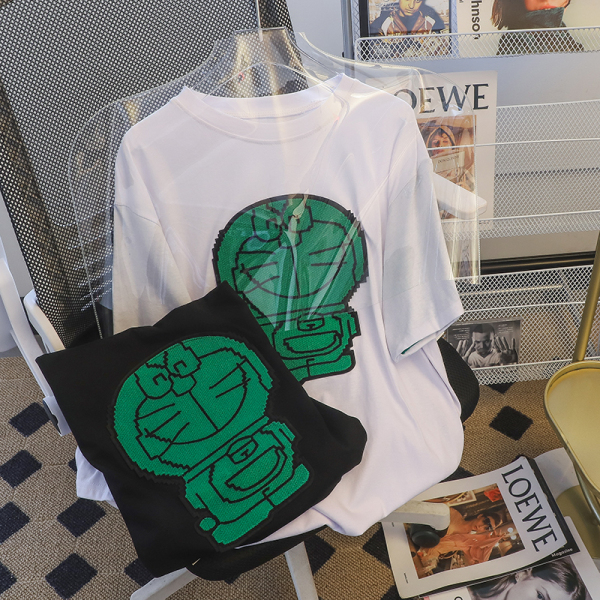 RM3756#夏装韩版宽松卡通刺绣中长款大码短袖T恤女