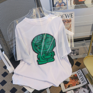 RM3756#夏装韩版宽松卡通刺绣中长款大码短袖T恤女