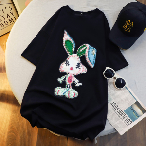 RM3763#夏装韩版宽松卡通烫钻中长款大码短袖T恤女