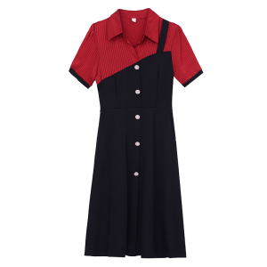 RM19375#时尚洋气大码女装胖mm拼接中长款修身显瘦短袖打底连衣裙夏季