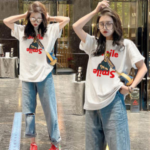 RM3570#纯棉bm潮牌设计感韩版休闲打底衫上衣卡通印花短袖T恤女