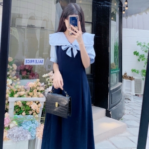 RM6028#天蓝色 藏青色~夏季大码女装新款海军领气质设计感拼接连衣裙