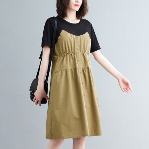 RM4197#夏季新款拼接假两件宽松减龄休闲显瘦系带中长大摆连衣裙