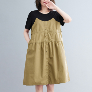 RM4197#夏季新款拼接假两件宽松减龄休闲显瘦系带中长大摆连衣裙