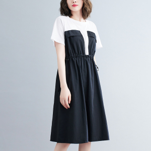 RM4198#夏季新款假两件撞色拼接连衣裙 胖MM显瘦收腰宽松长裙